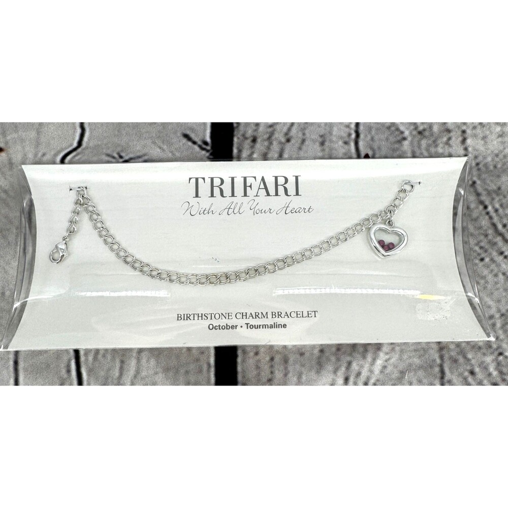 Vtg Trifari With All Your Heart October Charm Bracelet 7.5" Simulated Tourmaline